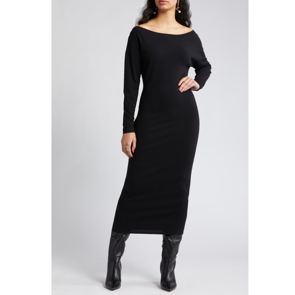 Alice + Olivia Sweater Dress XL Maxi Black Off Shoulder Long Sleeve Round Neck